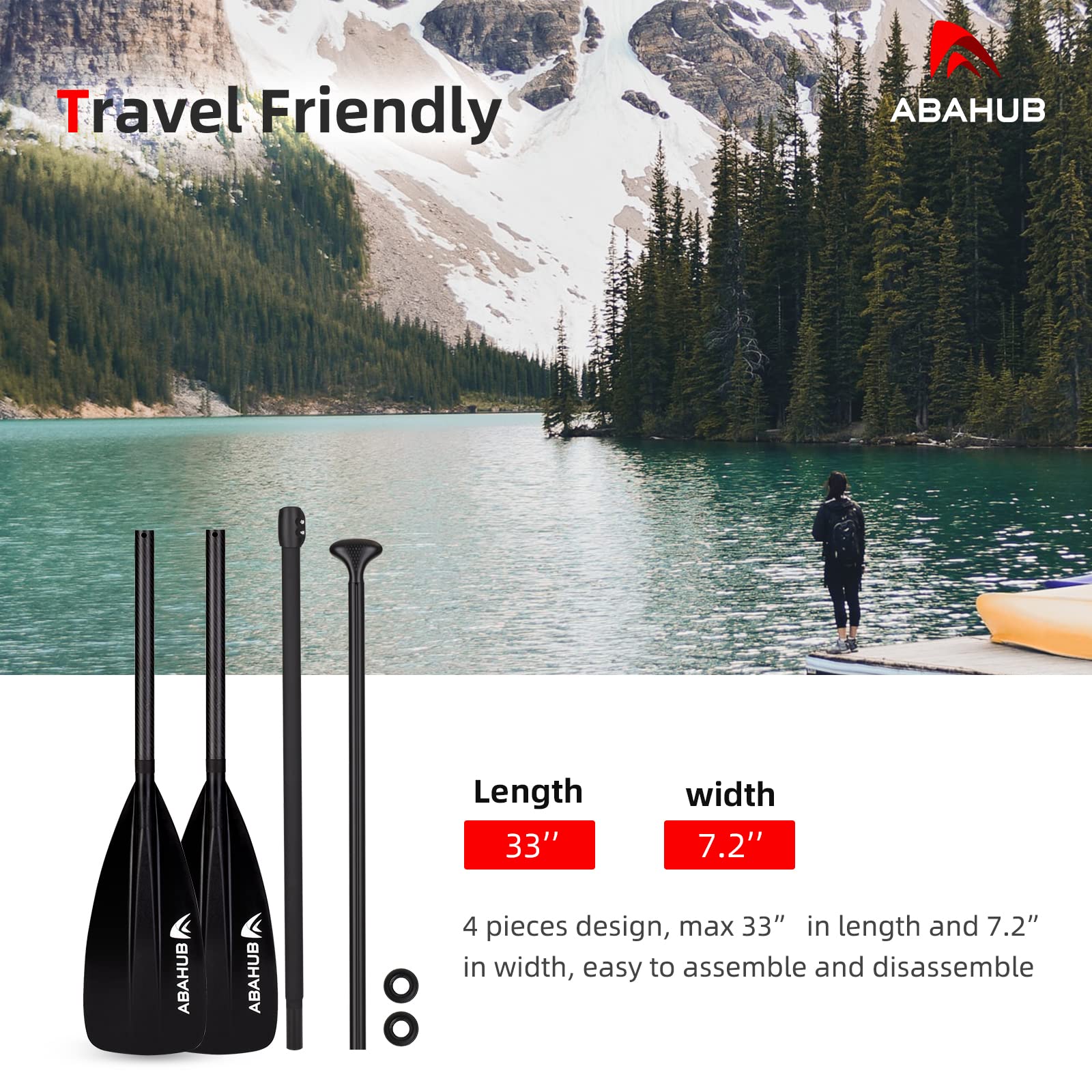 Abahub 1 x 4 Section Carbon SUP Paddle/Kayak Oar, Adjustable Stand up Paddleboard Paddles, Lightweight Carbon Shaft Black/Blue/Green/Gray/Orange/Red Plastic Blade