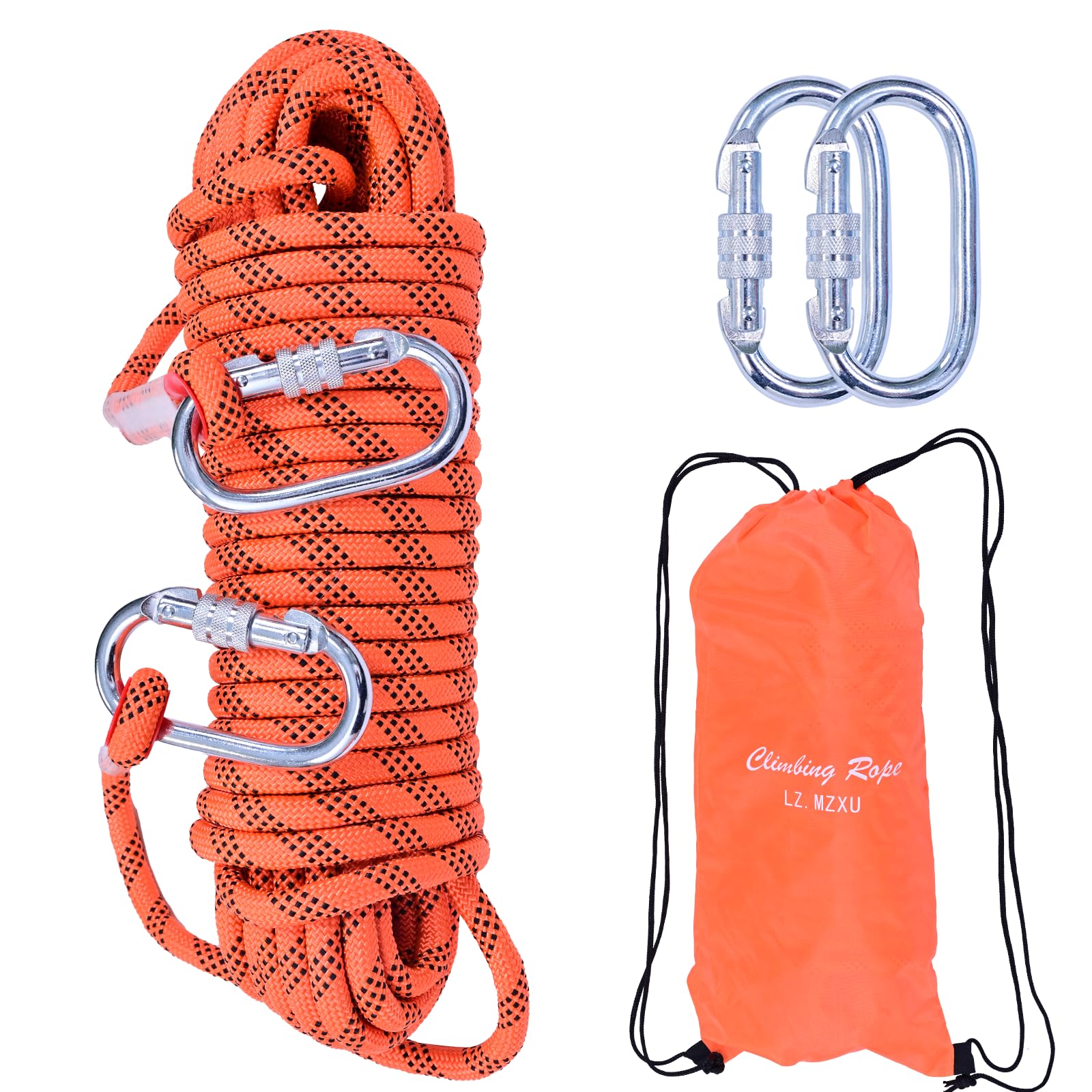 LZ.MZXU Climbing Rope 30M Rope Multifunctional Cord Safety Rope 10mm Emergency Escape Rope Boat Rope With 2 Carabiners Camping Rescue Outdoor Hiking Caving (orange)