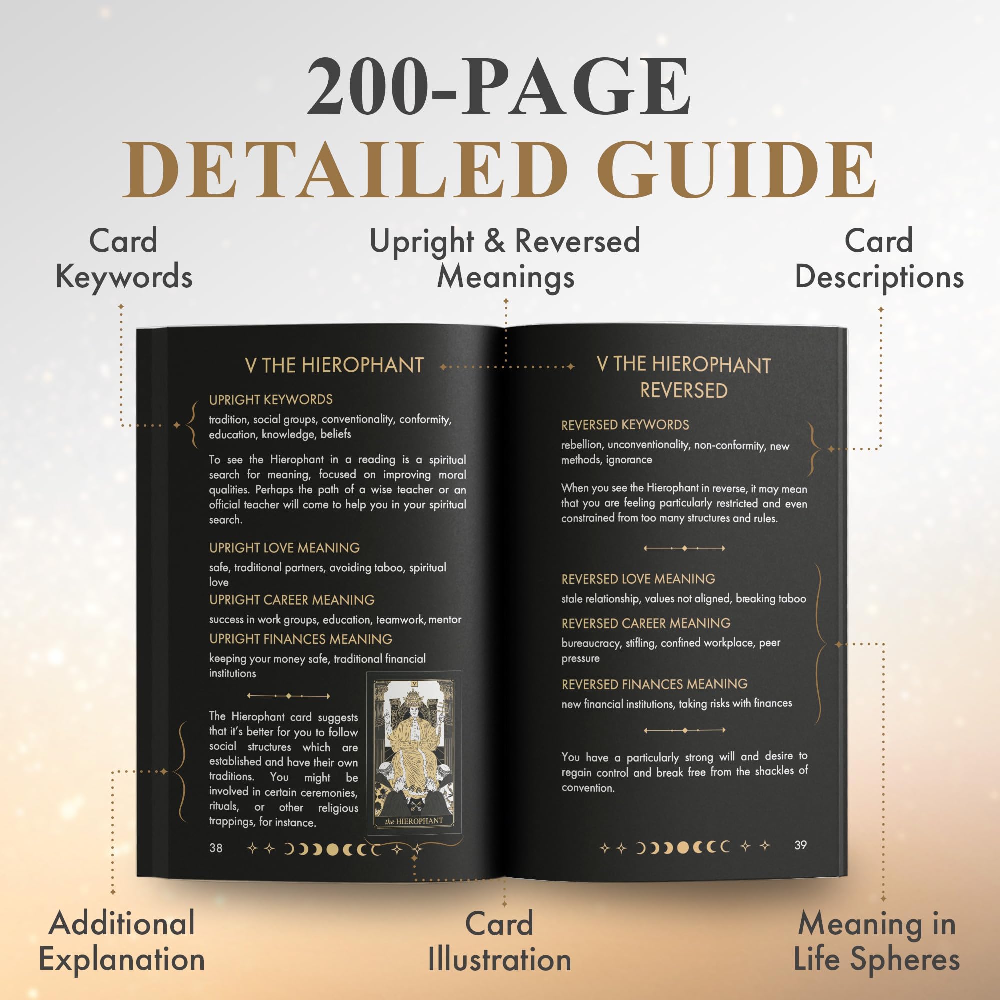 Wyspell Classic Tarot Cards with Guide Book - 78 Gold Cards for Beginners - Black Tarot Decks with Guidebook - Original Cards Deck with Guidebook