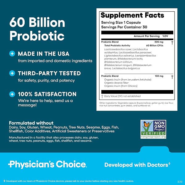 PHYSICIAN’S CHOICE PROBIOTICS 60 BILLION CFU – 10 STRAINS + ORGANIC PREBIOTICS – IMMUNE, DIGESTIVE & GUT HEALTH – SUPPORTS OCCASIONAL CONSTIPATION, DIARRHEA, GAS & BLOATING – FOR WOMEN & MEN – 30CT