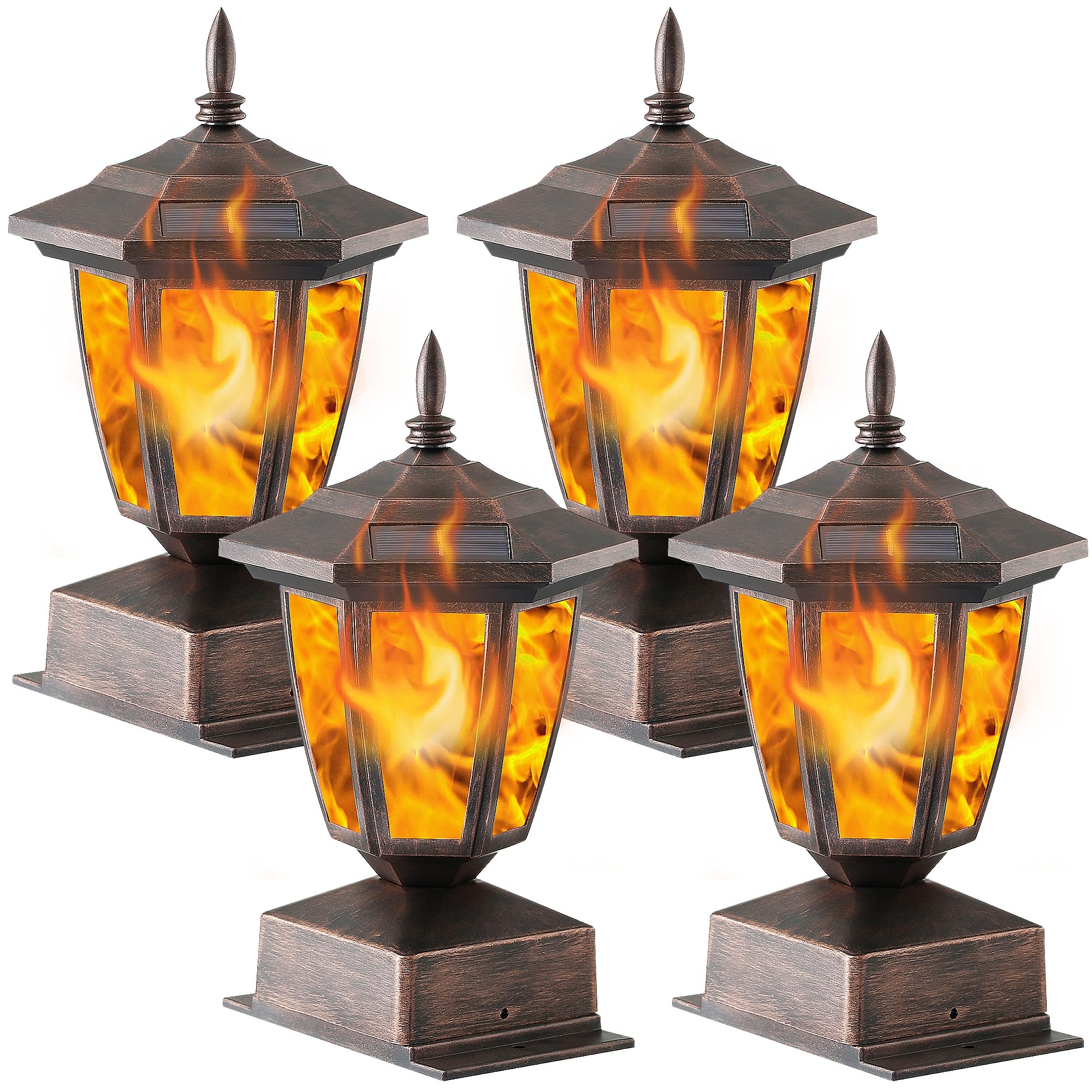 Photo 1 of Dynaming 4 Pack Solar Flame Post Lights Outdoor, Solar Powered Lamps Fence Post Cap Lights, Flickering Flame LED Lantern Waterproof for Garden Deck Patio, Fit 4x4, 5x5 or 6x6 Wooden Posts, Bronze