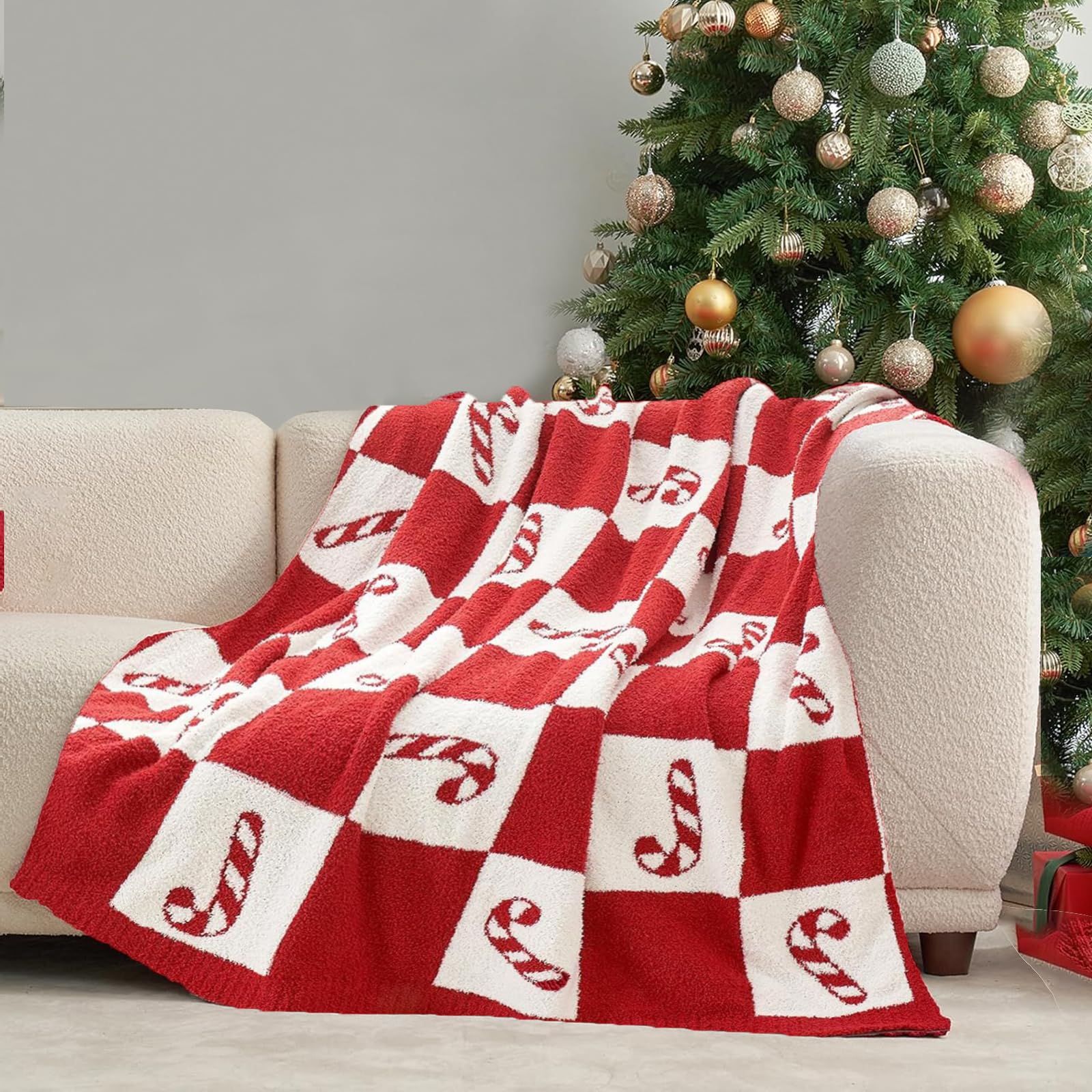 FDRJKN Christmas Throw Blanket, Candy Cane Throw Blanket Red Christmas Blanket 50x60 inches, Soft Flannel Blanket, Christmas Candy Cane Fleece Blanket Throw Red White for Couch, Sofa and Bed for Xmas