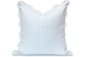 Hofdeco Premium Coastal Patio Indoor Outdoor Scalloped Throw Pillow Cover Only, 20"x20" Water Repellent for Backyard, Couch, Baby Blue Print Stripes