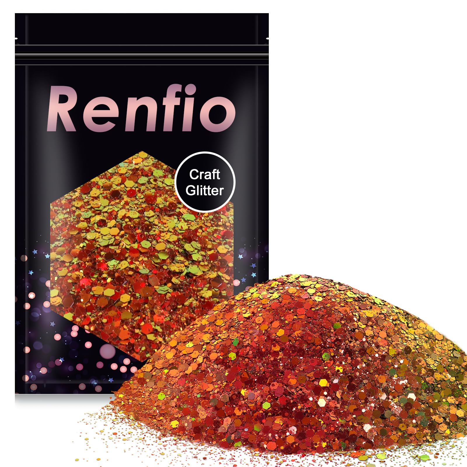 Renfio Chameleon Chunky Fine Mix Glitter Powder Mixed Holographic Glitters 1.75 Oz (50g) Flake Hexagon Crafts Sequins Color-Shift Epoxy Resin Pigment Chips Dust for Slime Craft Decoration - Red&Gold