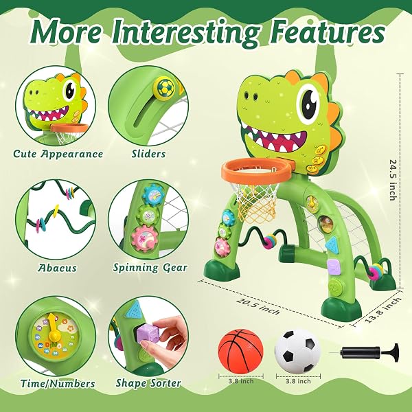 TWINKOO DINOSAUR TODDLER BASKETBALL HOOP & SOCCER GOAL MONTESSORI TOYS FOR BABY 12-18 MONTHS, 1, 2, 3+ YEAR OLD GIFT TOYS FOR BOY AND GIRL (GREEN)