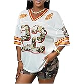 BEAUDRM Women's Number Graphic Jersey Shirts Striped Half Sleeve V Neck Loose Casual T Shirt