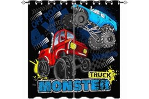 YUANZU Truck Blackout Curtains - Kids Boys Blue Red Monster Truck Print Pattern Grommet Thermal Insulated & Room Darkening Window Drapes for Nursery Baby Bedroom Playroom 2 Panels W29.5 x L65 Inch