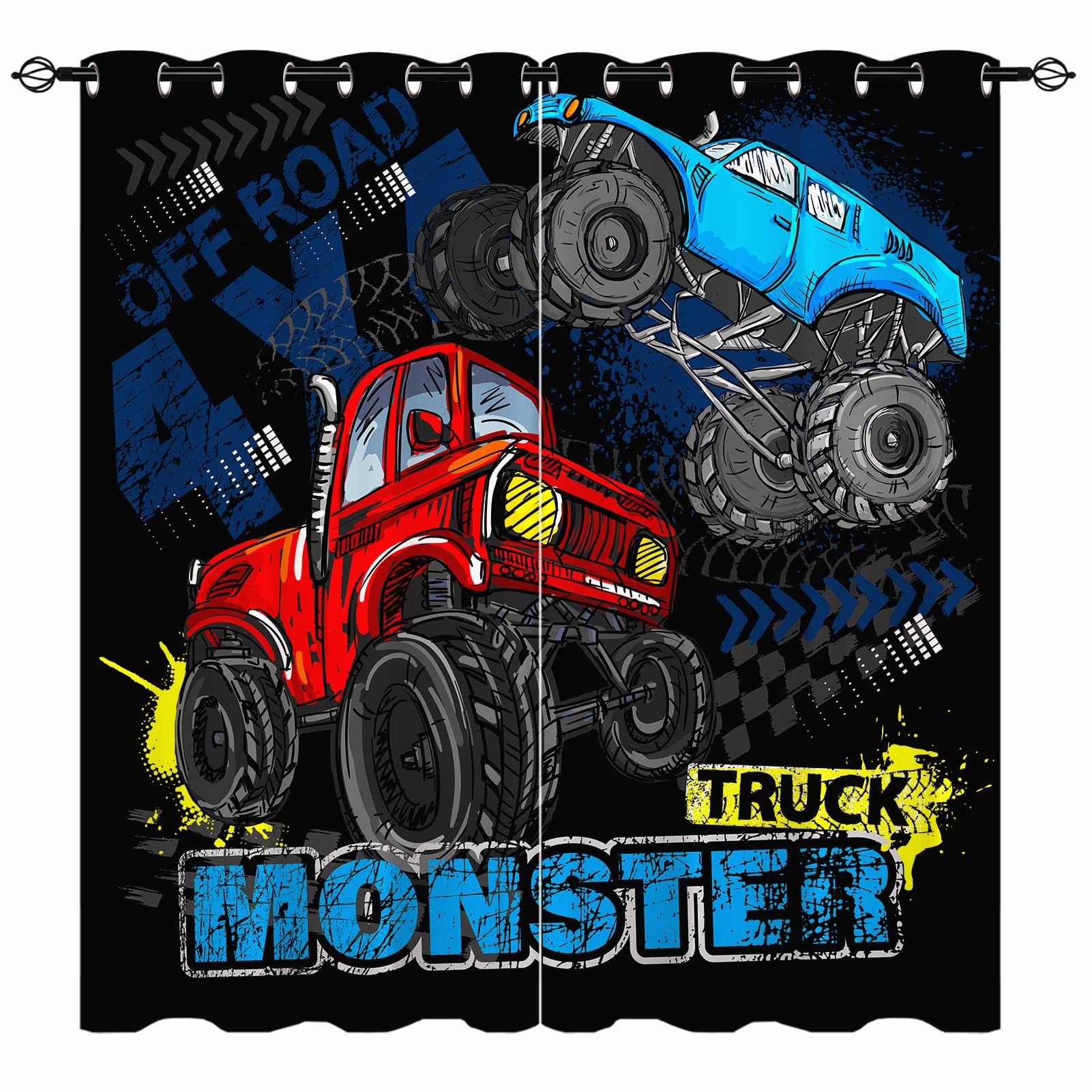YUANZU Truck Curtains - Kids Boys Blue Red Monster Truck Print Pattern Eyelet Blackout Thermal Insulated & Room Darkening Window Drapes for Nursery Baby Bedroom Playroom 2 Panels W117cm x D137cm