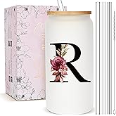 Personalized Gifts for Women, Monogrammed Frosted Glass Tumbler with Straw and Lid, Cute Customized Mug, Custom Initial Iced Coffee Glasses, Customizable Drinking Cup, Birthday Teacher Woman, R