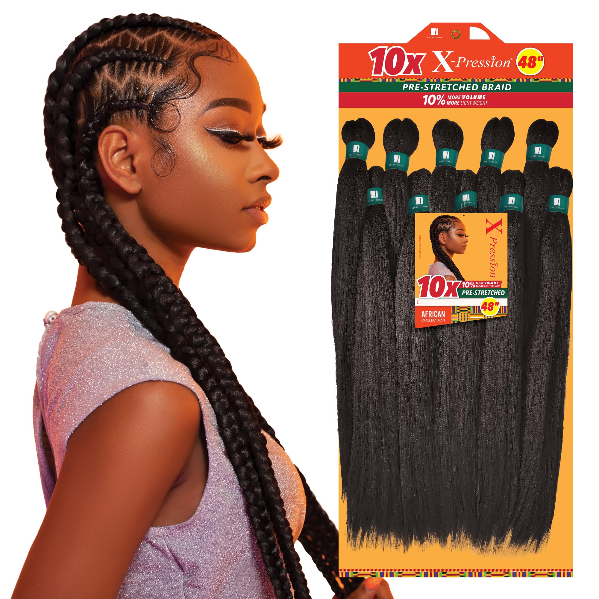 Photo 1 of Sensationnel X-pression prestretched braiding hair - 10x braid 48 inch all kanekalon flame retardant synthetic braid for box braids and twists (1B OFFBLACK)