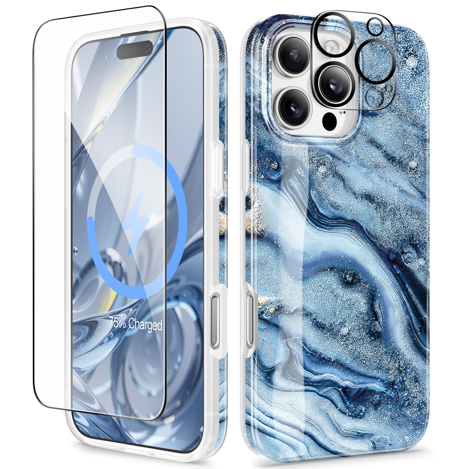 GVIEWIN for 16 Pro Max Case Compatible with MagSafe, with Screen & Lens Protectors, Military-Grade Protection Slim Marble Shockproof Magnetic Phone Case for 16 Pro Max 6.9", Opalus/Blue