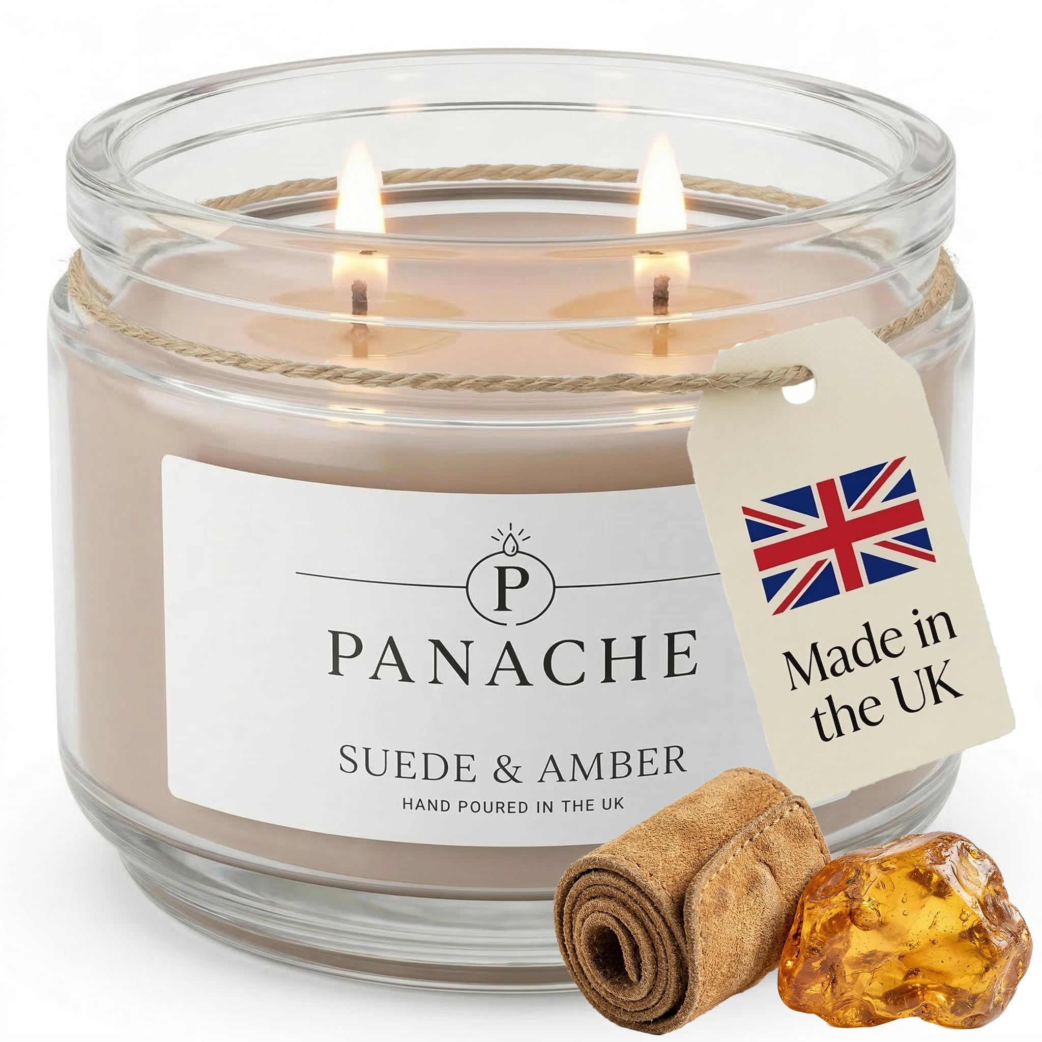 Panache Suede & Amber Scented Candle – Double Wick Soy Wax Candle, 48 Hour Burn Time, Hand Poured in UK, Clean Burning Cotton Wicks, Luxury Glass Jar Candle for Home Fragrance & Gifts (320g)
