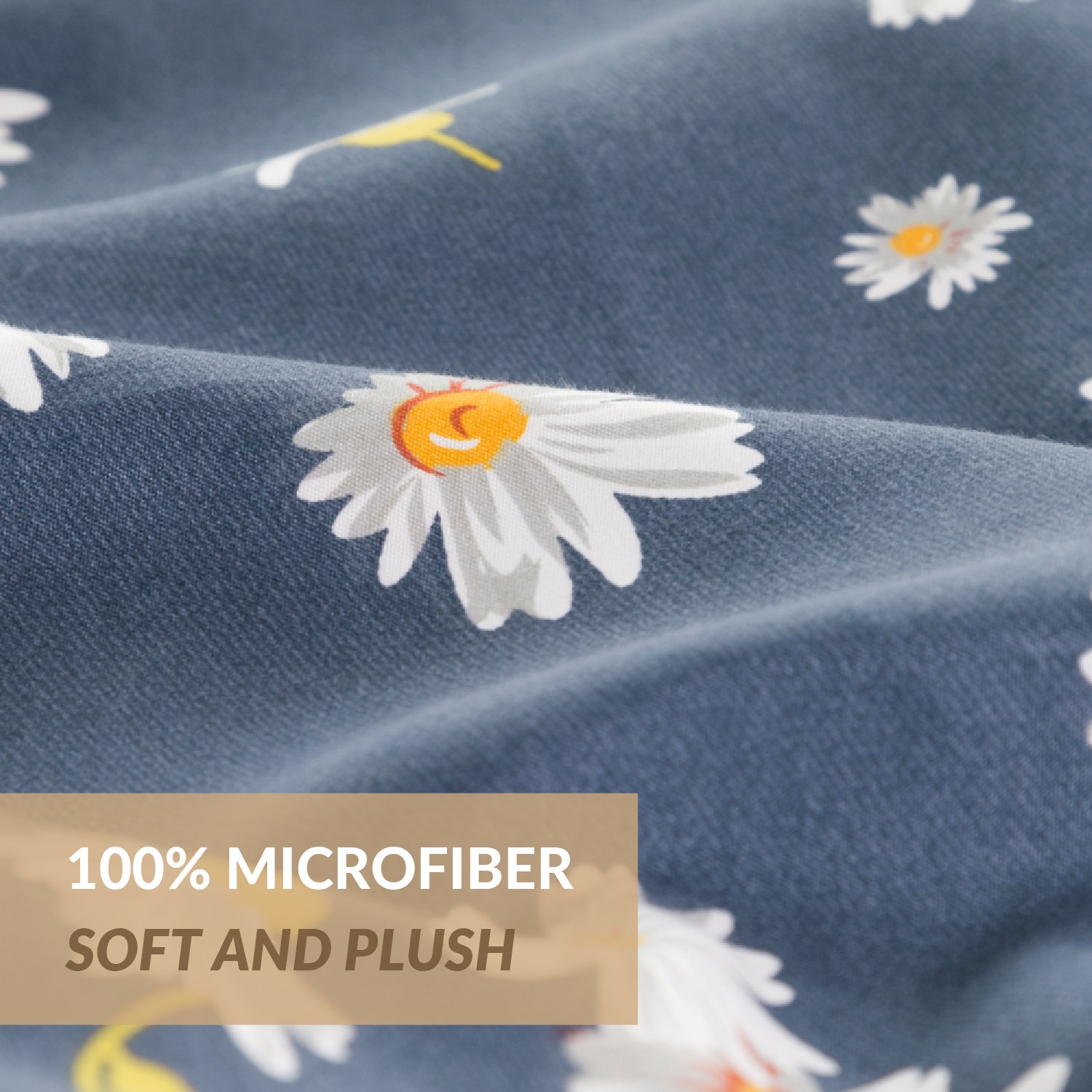 Duvet Cover Set with Zipper Closure-Navy Daisy Pattern Reversible Design,King(104\