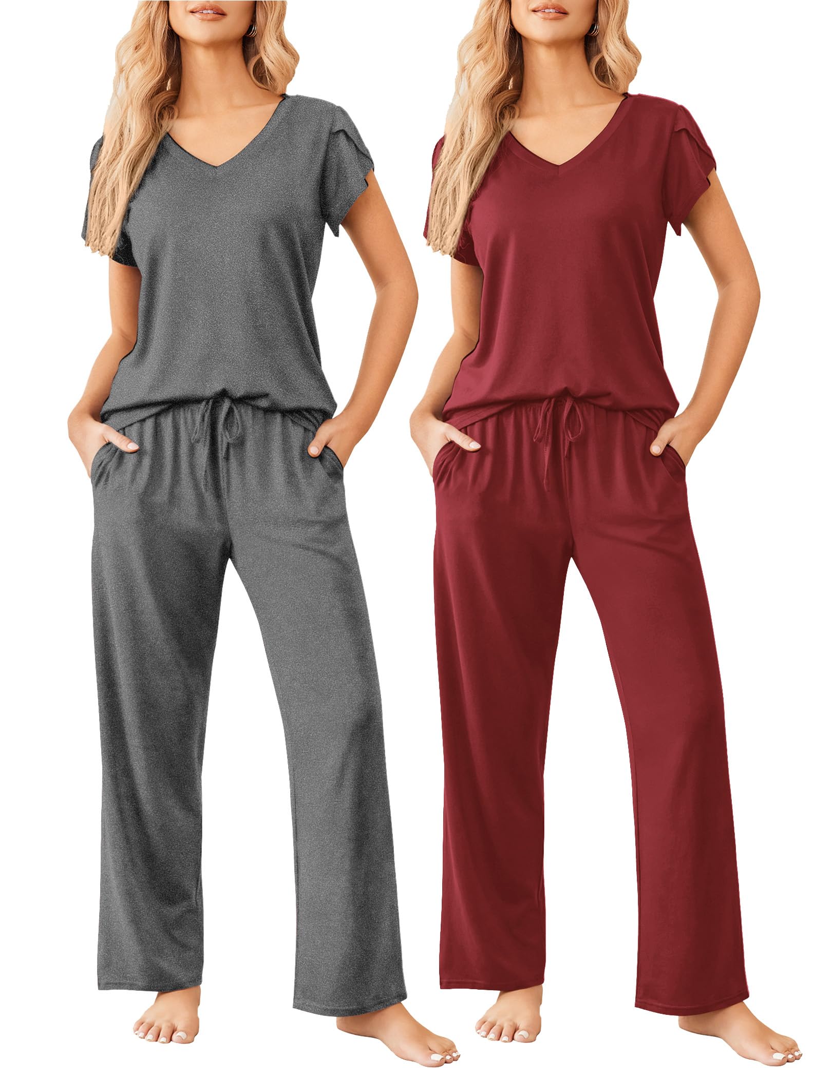 Ekouaer 2 Pack Womens Pajamas Short Sleeve Sleepwear Top with Pants Super-Soft Printed Lounge Sets S-XXL Image