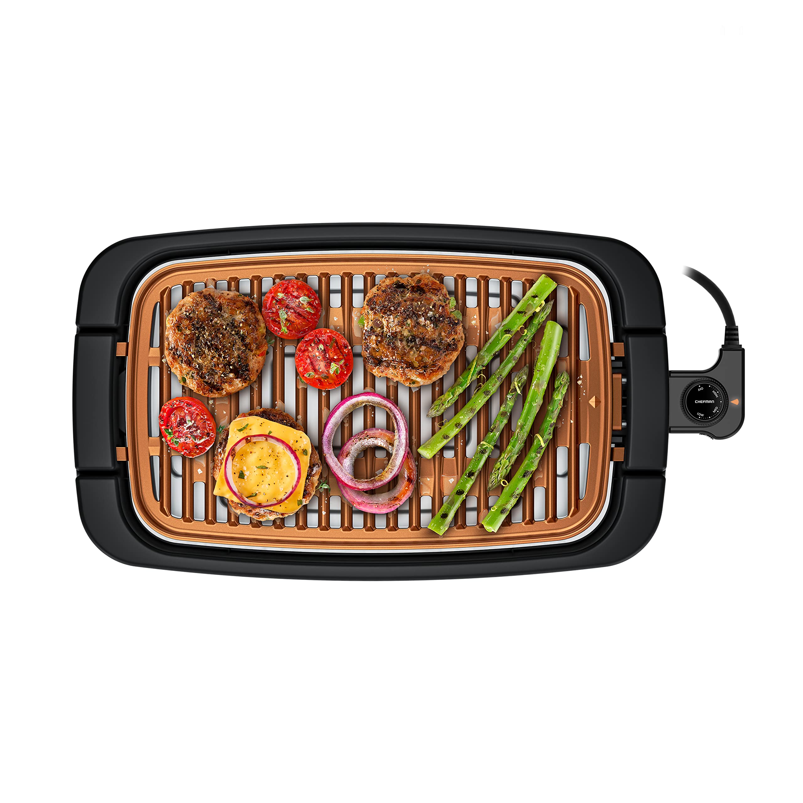Photo 1 of ***(HEAVILY USED/ MINOR DAMAGE)***Chefman Smokeless Indoor Electric Grill, Copper, Extra Large, Nonstick Table Top Grill for Indoor Grilling and BBQ with Adjustable Temperature Control, Nonstick Dishwasher-Safe Parts, 9" x 15"