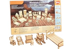 BOHS 34-Piece Dollhouse Furniture Set -1/24 Scale, Laser Cut Wooden 3D Puzzles - Miniature Doll House DIY Models and Accessories