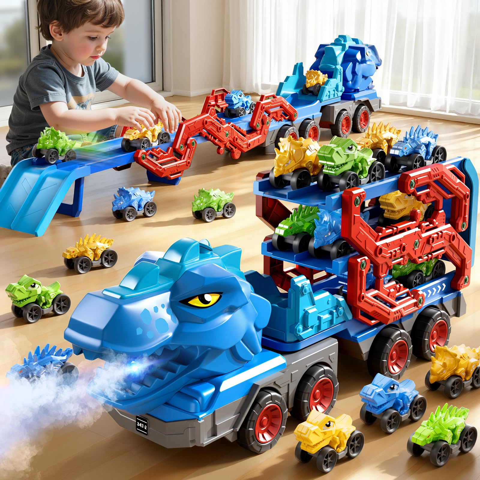 Photo 1 of PEADUCK Toddler Car Truck Toys for Kids Ages 3-5, 10-in-1 Dinosaur Carrier Truck with Foldable Track Toys with Spray, Light & Sounds and 9 Dino Cars, Birthday Gift for 3 4 5 6 7 8 Years Old Boys Girls
