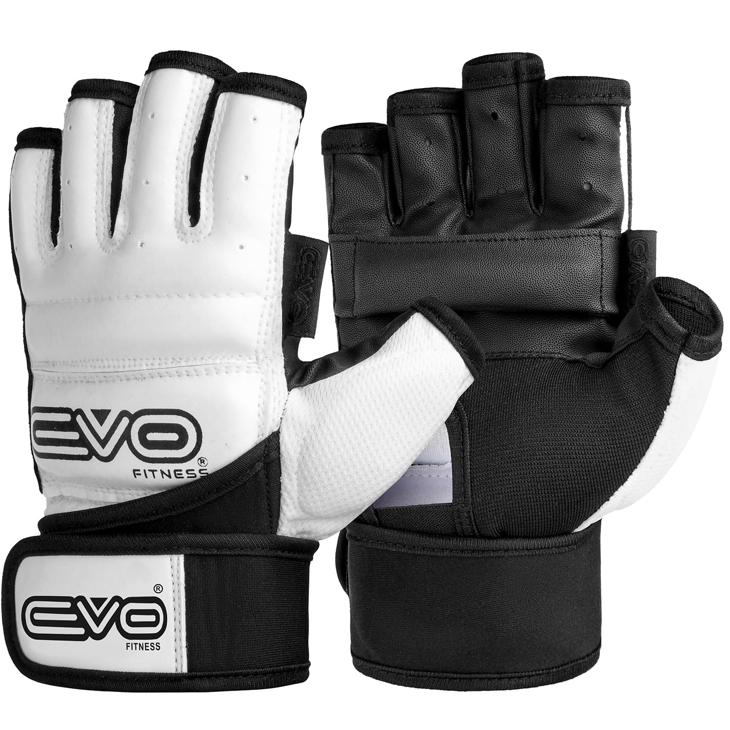 EVO Fitness MMA Gloves Muay Thai Gel Kickboxing Grappling Sparring Training UFC Cage Fighting Mitts Punching Bag Martial Arts Karate (White, S)