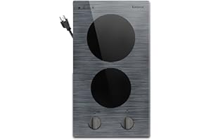 Karinear 2 Burners Electric Cooktop, 110v Electric Stove Top Knob Control, Built-in Countertop Ceramic Cooktop with Beautiful Woodgrain Pattern Glass Surface, 110v Outlet Plug