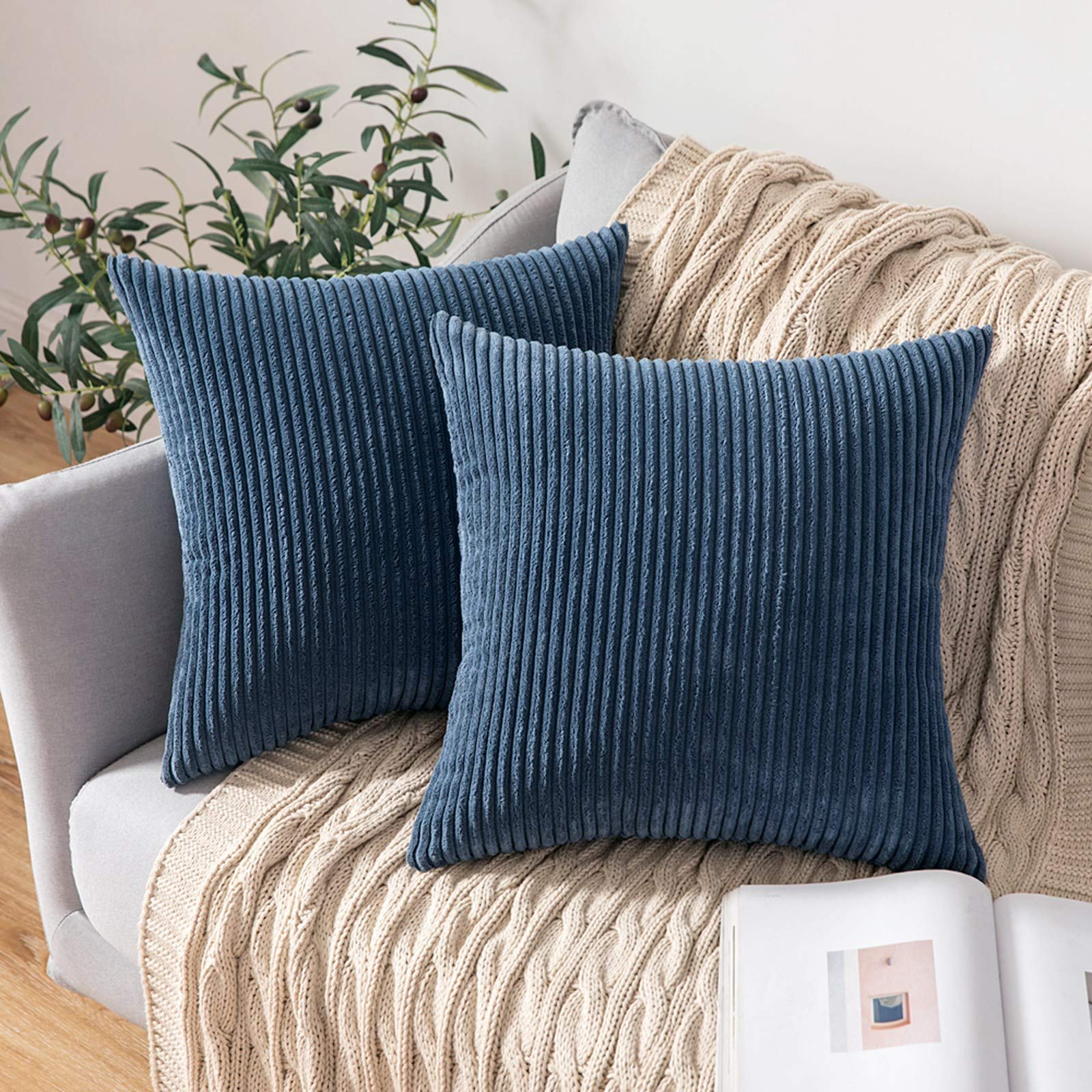 MIULEE Set of 2 Striped Corduroy Square Throw Pillow Case Soft Cushion Covers Sham Home for Sofa Couch/Bedroom Decorative Fluffy Large Pillowcases 18x18 Inch 45x45cm Dark Blue — image 1
