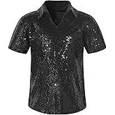 Spring&Gege Boys' Short Sleeve Sparkle Sequins Polo Shirts V-Neck Shiny T-Shirt (4-12 Years)