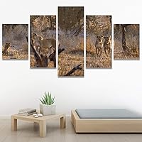 SIGNWIN 5 Panel Canvas Wall Art Modern Art Animals Dramatic Giraffe Lion Multicolor Photography Southwest for Home Decorations Ready to Hang - 60
