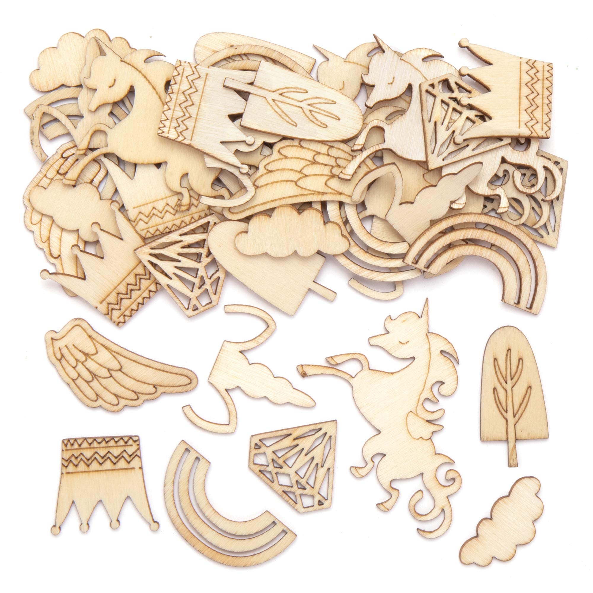 Baker Ross AX110 Unicorn Mini Wooden Shapes, for Kids Arts and Crafts Projects (Pack of 40), Assorted