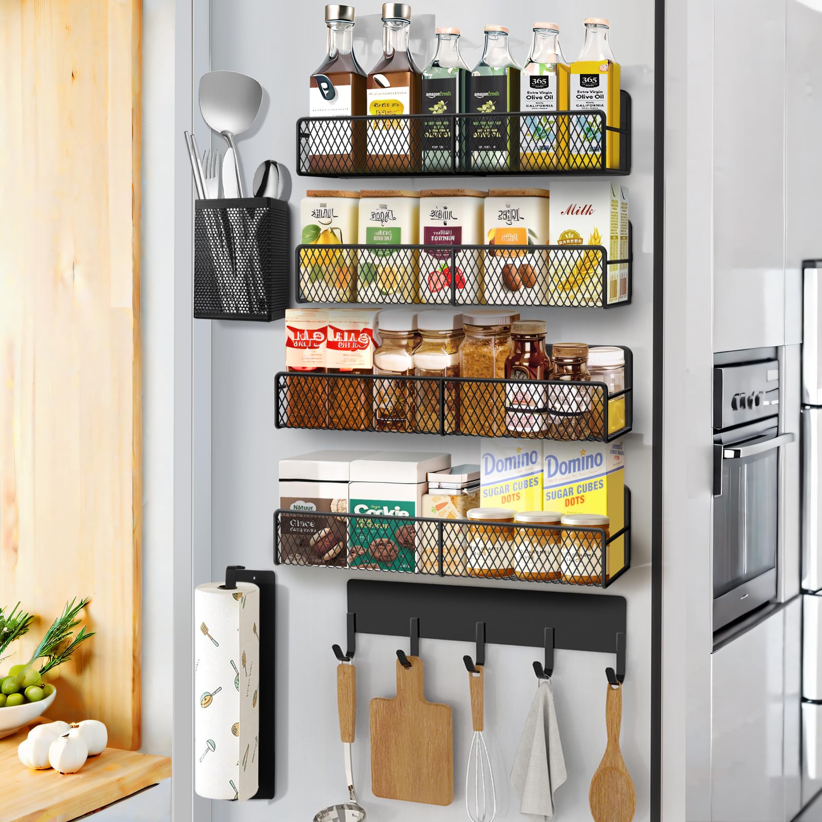 Magnetic Spice Rack for Refrigerator, 7 Pack 100% Metal Strong Magnet Shelves, Kitchen Spice Organizer W/ Hook Rack, Paper Towel Holder, Utensils Caddy, Home Laundry Room Storage Organization,Black