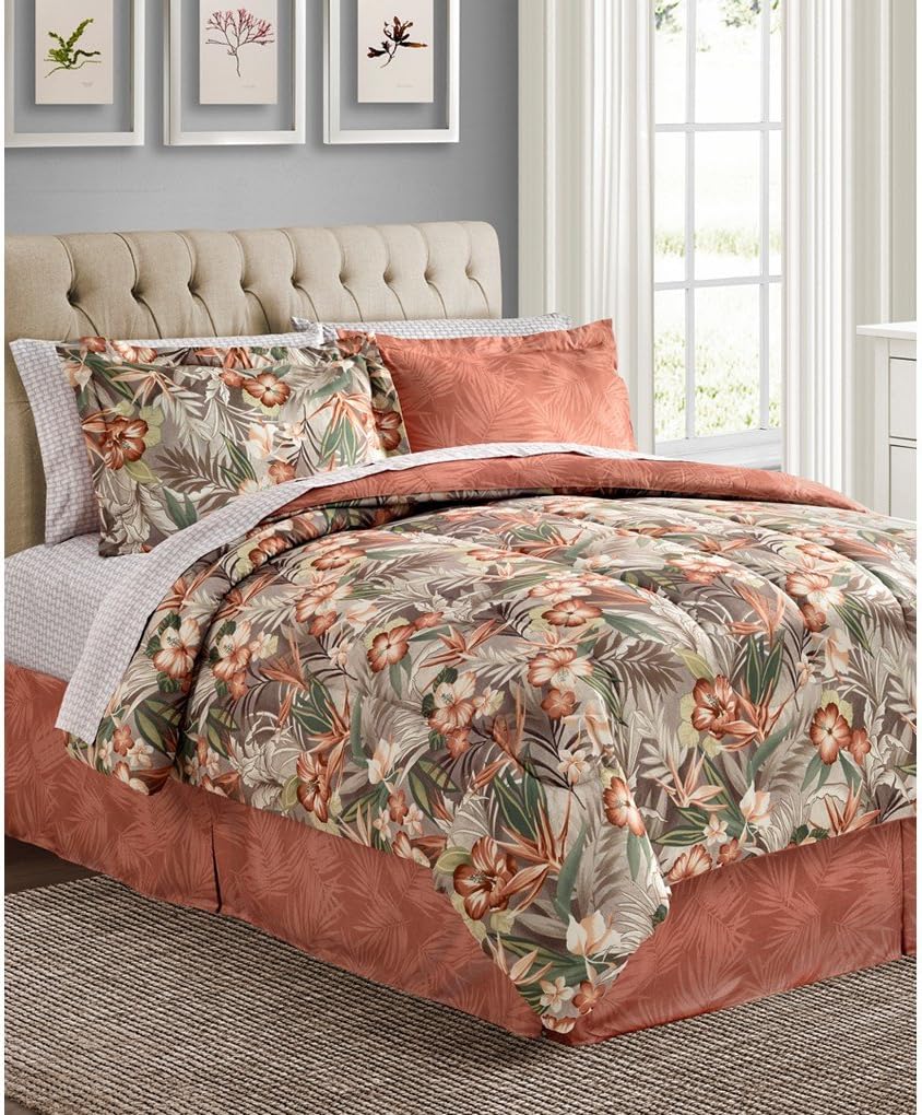 Coral & Green Tropical Palm Flowers Hawaiian Beach King Comforter Set (8 Piece Bed In A Bag) + HOMEMADE WAX MELT