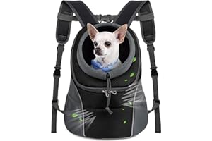WOYYHO Pet Dog Carrier Backpack Small Dog Front Backpack Ventilated Dog Carrier Back Pack with Storage Pockets, Adjustable Straps & Safety Belt for Travel Hiking Outdoor (Size M: 5-9 lbs, Black)
