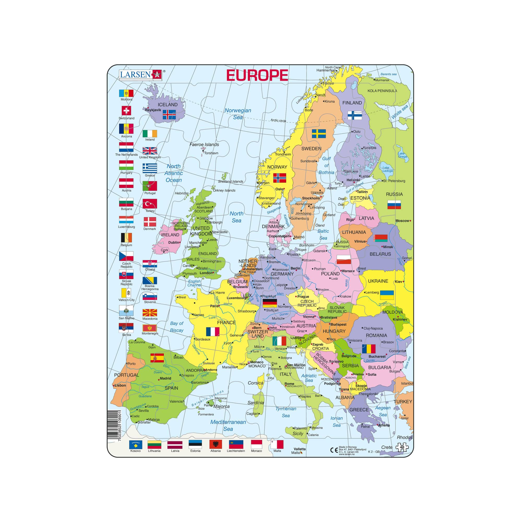 Larsen K2 Europe Political Map Jigsaw Puzzle - 48 Pieces - Educational Puzzle for Kids & Adults - Boxless Tray & Frame - Gift for Children
