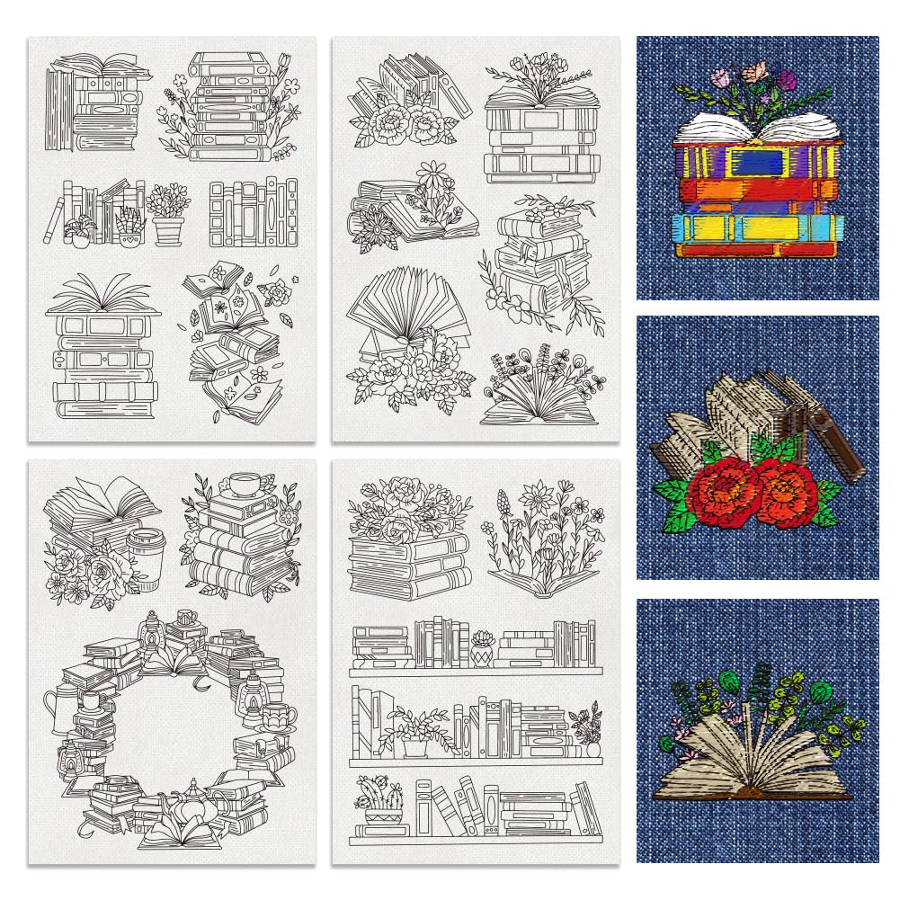 BENECREAT 4 Sheets 18PCS Stick and Stitch Embroidery Paper, Books and Flower Theme Stabilizer Water Soluble Hand Sewing for Carves, Shirts, Coats, Bags, Towels