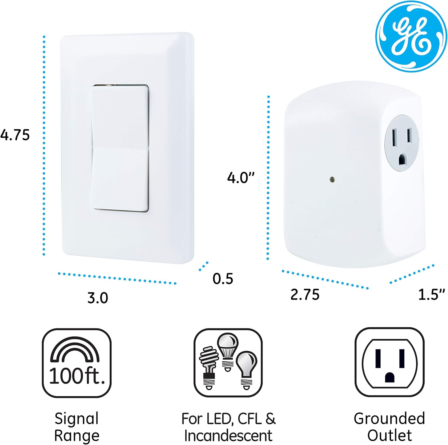GE Wireless Remote Wall Switch Control, No Wiring Needed, 1 Grounded Outlet, White Paddle, Plug-in, Upto 100ft Range, Ideal for Indoor Lamps, Small Appliances, and Seasonal Lighting, 18279, Other - - 