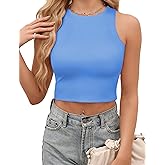 AURUZA Womens Double Lined Crop Tops, High Neck Cropped Tank Top Sleeveless Racerback Workout Tops Basic Cute Summer Shirt (Sky Blue, M)
