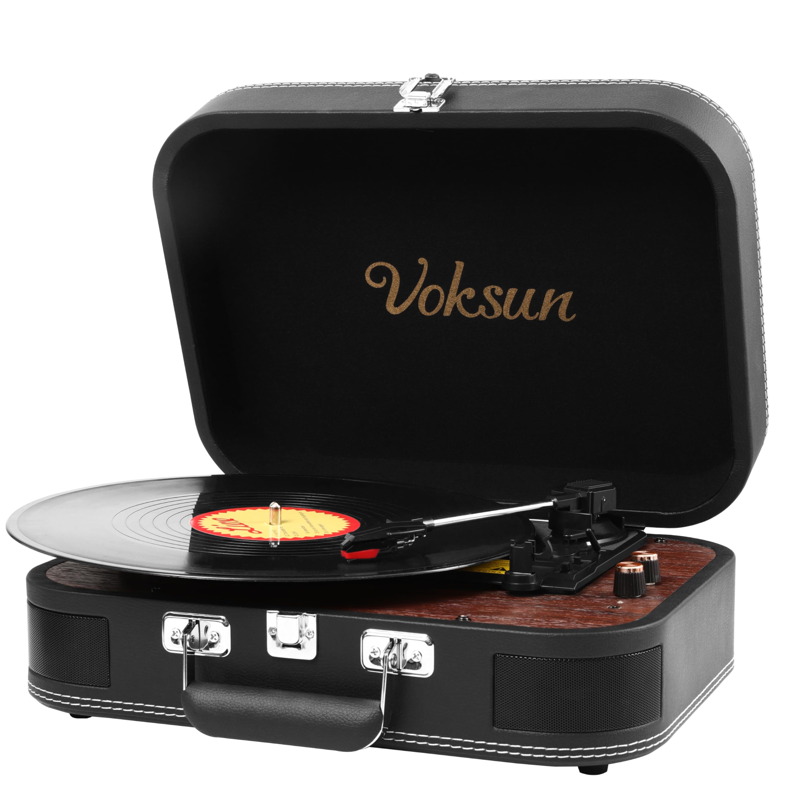 VOKSUN Record Player, Portable Vinyl Player with Built-in Stereo Speakers, Bluetooth 3-Speed Suitcase Turntable, Supports Vinyl to MP3 Recording, AUX/USB/RCA/Headphone Jack, Black