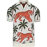 OXKNIT Men's Knit Polo Shirts, Retro Coconut Tree and Tiger Pattern Short Sleeves Casual V-Neck White Short Shirts