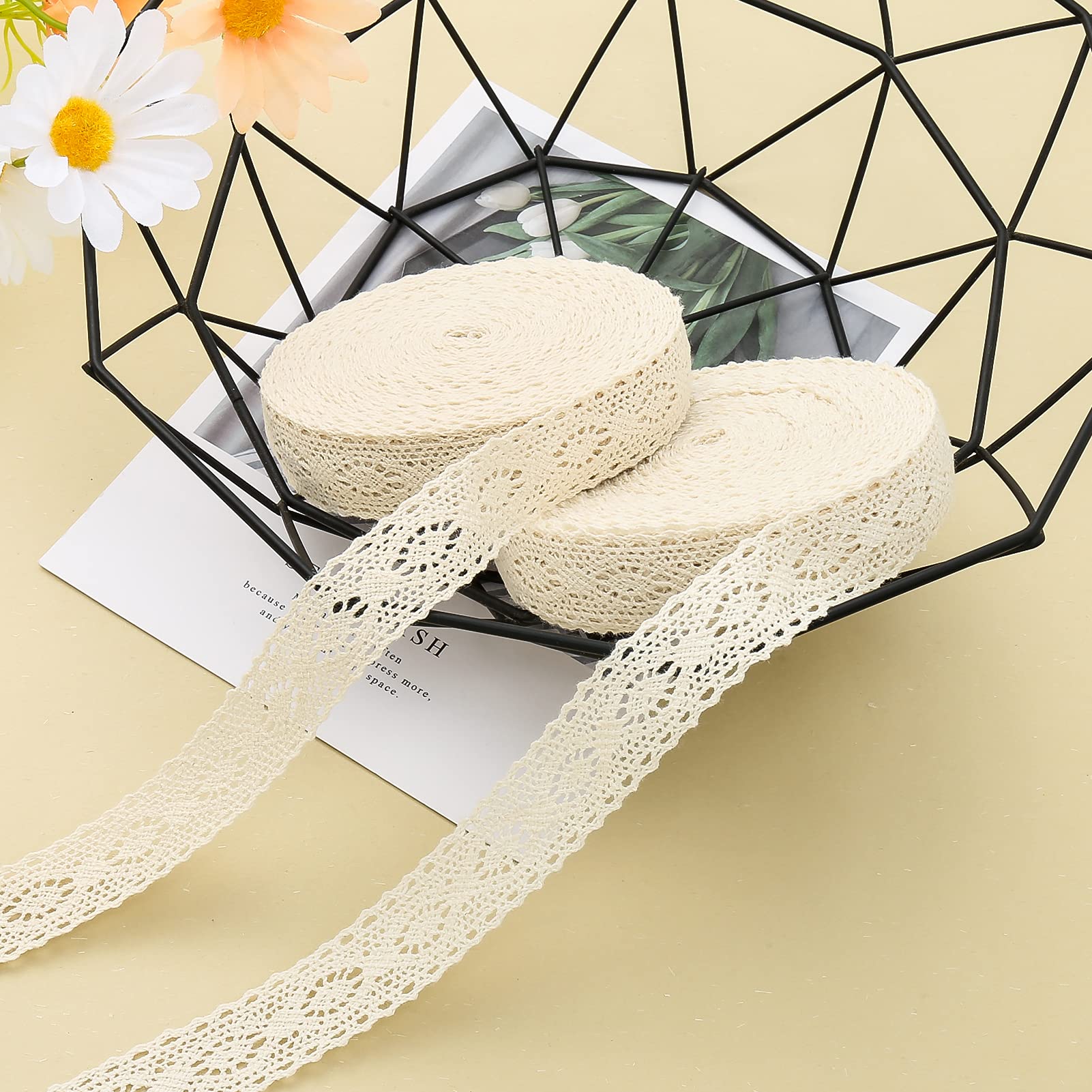 DAHI 26m Beige Cotton Lace Ribbon Lace Edging Trim Ribbon Cotton Crochet Trim Vintage Decorative Crochet Fabric for Sewing Crafts Wedding Decoration(Beige-A)