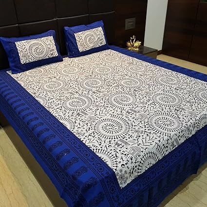 Jaipur Nagri 90 x 84 Inches 150 TC Cotton Double Bedsheet with 2 Pillow Covers & Jaipuri-Bed-Sheet - Abstract-Paisley, Royal-Blue