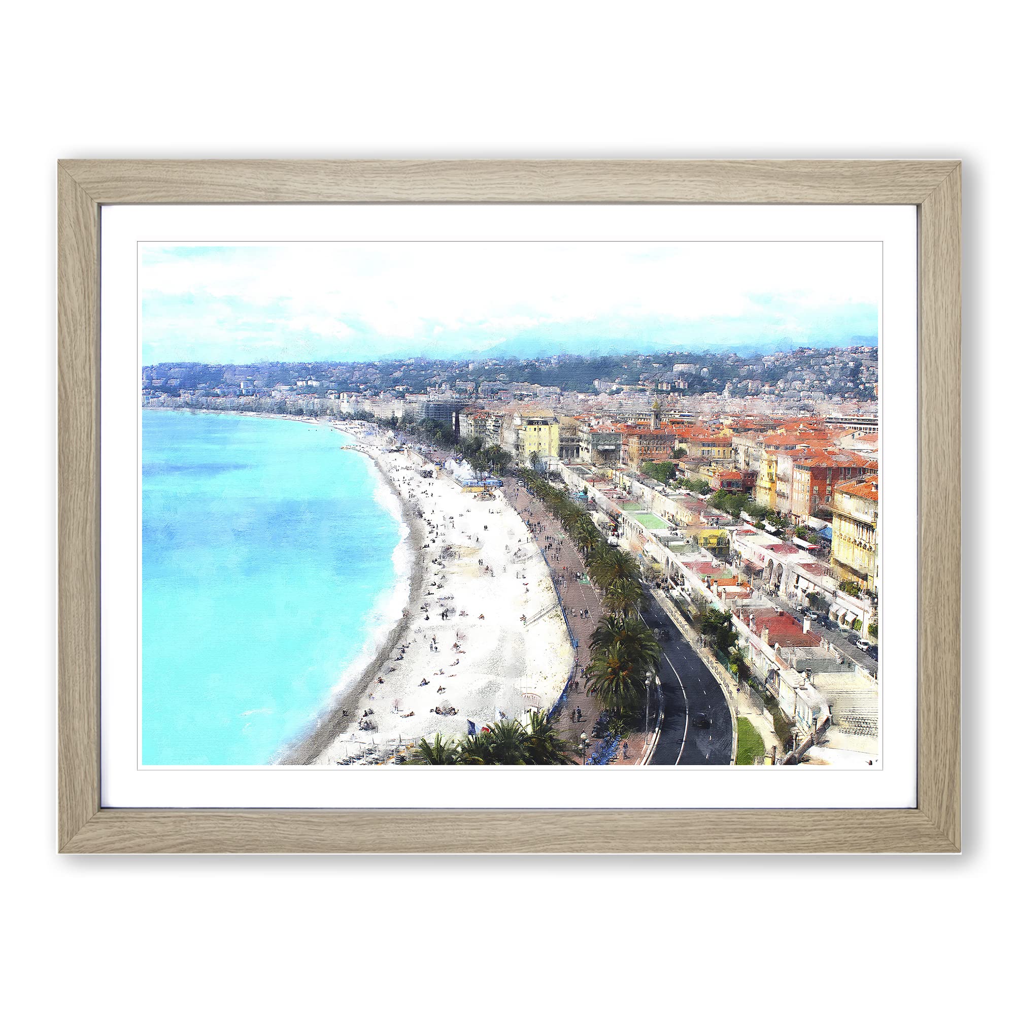 Nice Skyline In France Painting Modern Art Framed Print | A4 Oak Framed Wall Art | Ready to Hang | Modern Cityscape Picture | Living Room Bedroom Lounge Office