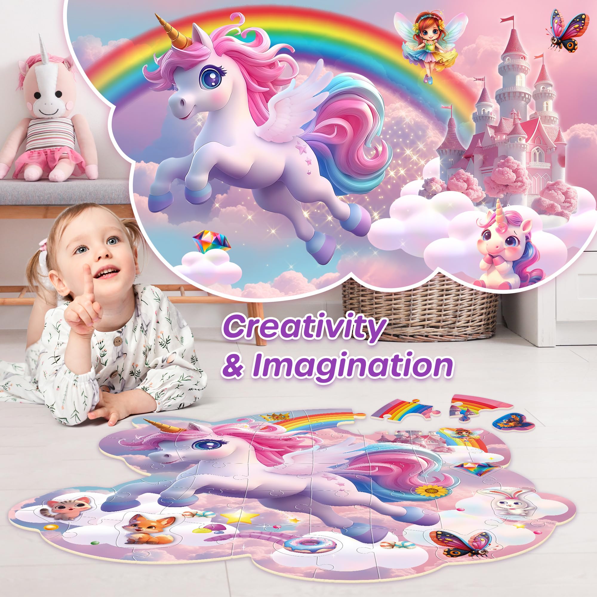 SYNARRY Unicorn Floor Puzzles for Kids Ages 4-6, Large 45 Piece Floor Puzzles for Kids Ages 4-8, Puzzles for Toddlers 3-5, Unicorn Toys Gifts for 3 4 5 6 7 8 Year Old Girls