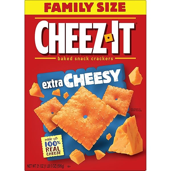 CHEEZ-IT CHEESE CRACKERS, BAKED SNACK CRACKERS, LUNCH SNACKS, FAMILY SIZE, EXTRA CHEESY, 21OZ BOX (1 BOX)