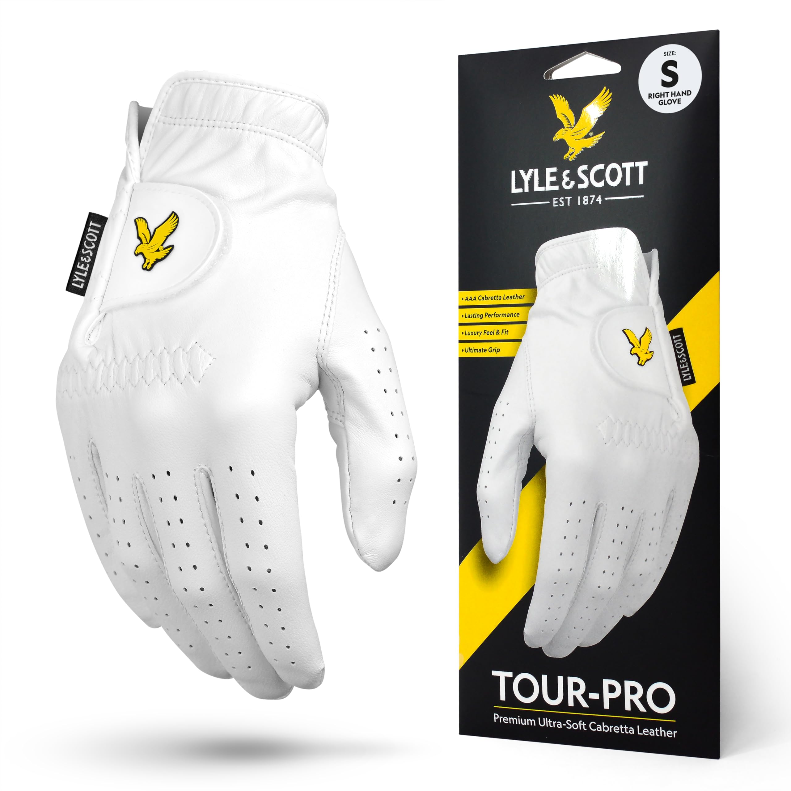 Lyle & Scott Tour Pro Premium Ultra Soft Cabretta Leather Golf Glove - Ultimate Grip, Moisture Control, Durable - Men's Golf Glove, White, Small, Right Hand