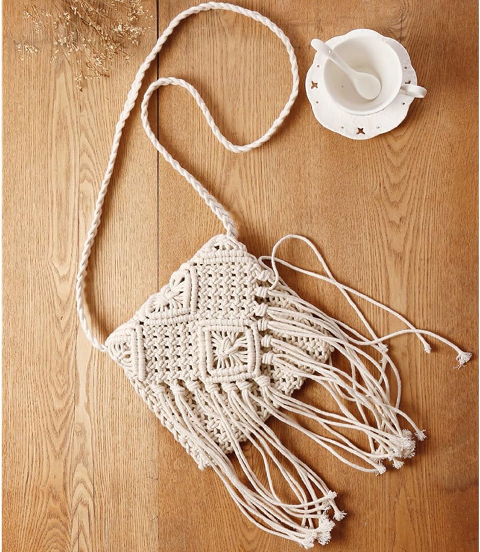 LA HUATE Women Handmade Beach Shoulder Bags Summer Holiday Tassel Purse Casual Messenger Bags Crossbody Bags,White - Image 4