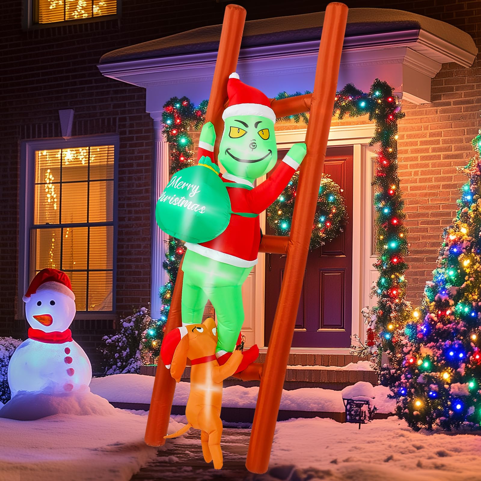 Photo 1 of ***(MISSING STREAKS)***Messon Christmas Inflatable Outdoor Decorations, 7FT Christmas Green Big Monster and Dog Climbing Ladder Steal Gifts Inflatable Decoration,Build-in LED, Christma Climbing Ladder Blow Up Decor for Yard