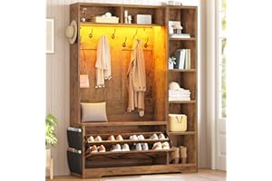 Itaar Hall Tree with Bench and Shoe Storage, Farmhouse Entryway Bench with Coat Rack, Shoe Cabinet with Flip Drawers, 7 Shelves, 10 Coat Hooks, Storage Bag, Led Lights, Rustic Brown