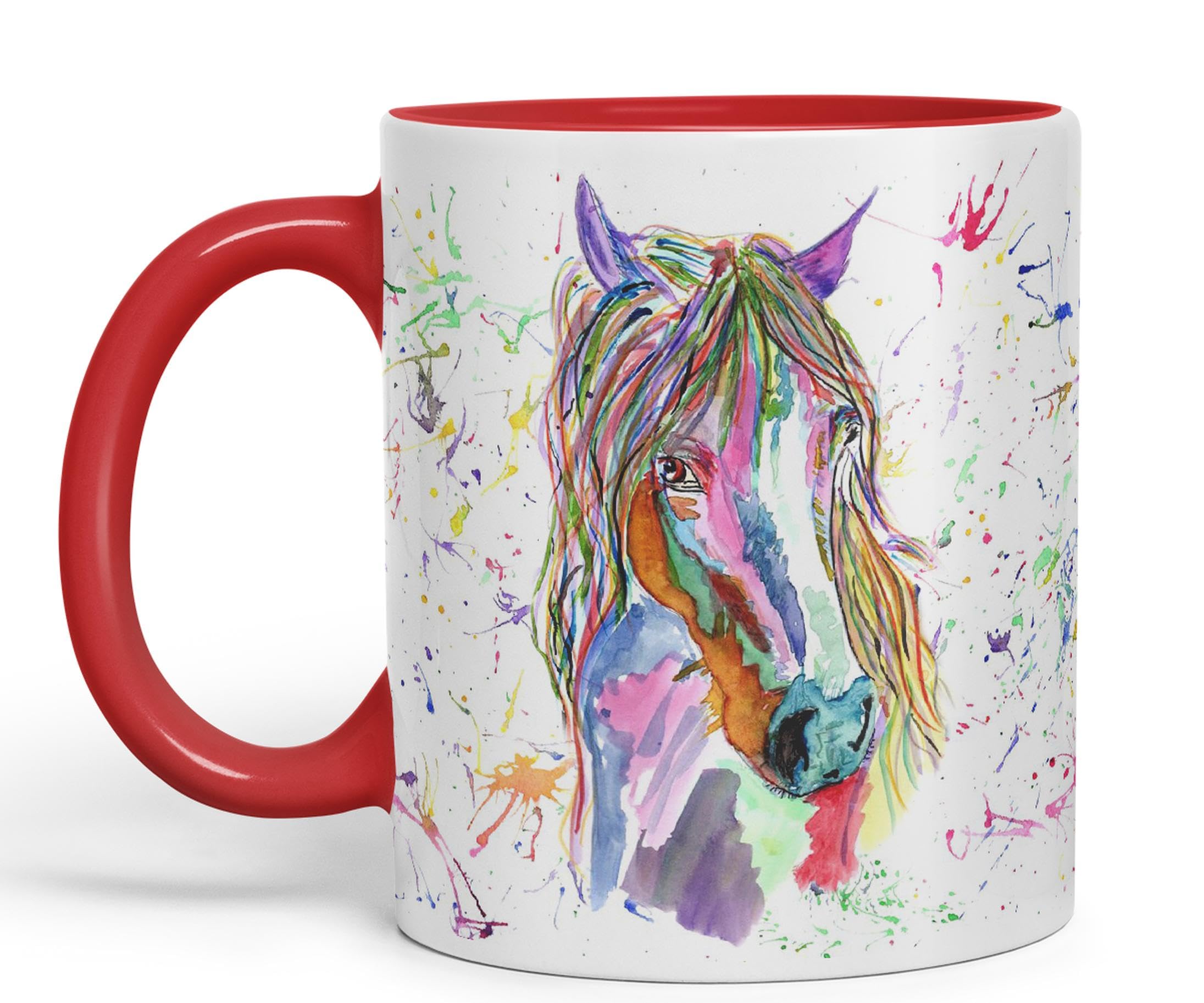 Vixar Horse Watercolour Rainbow Art Coloured Mug Cup, Gift, Birthday, Work, Office, Christmas Tea Coffee (Red)