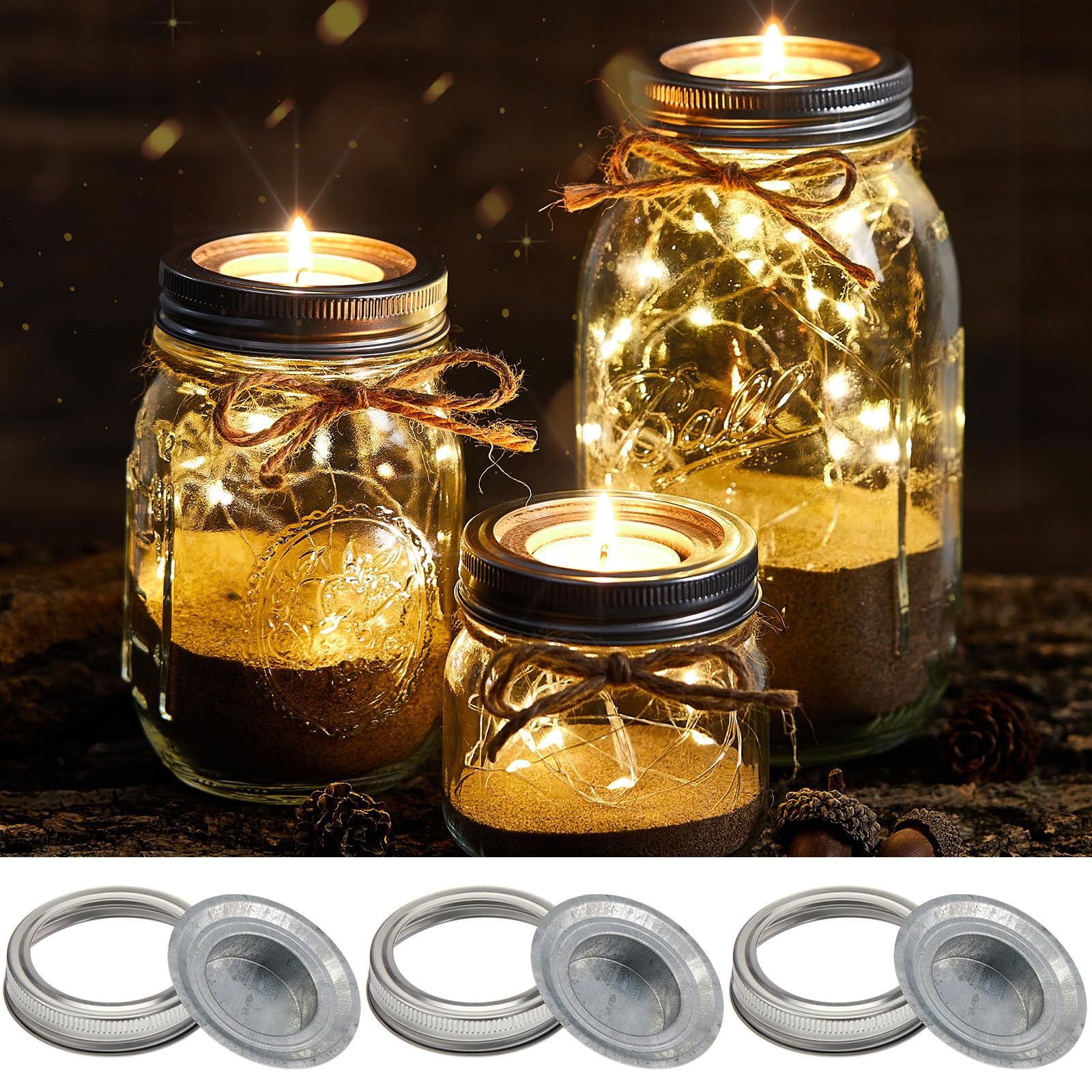 Photo 1 of 3 Sets Mason Jar Tea Light Candle Holder Lid Inserts Mason Jar Replacement Rings Farmhouse Decor for Home Party Wedding Rustic Regular Mouth Compatible with Tea Light Candles up to 1.5 Inch Diameter