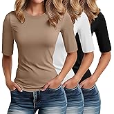 Riyiper 3 Pack Women's 1/2 Sleeve Tops Half Length Sleeve Cotton Crewneck T Shirts Slim Fit Casual Elbow Summer Basic Tees(Black, White, Khaki,XL)