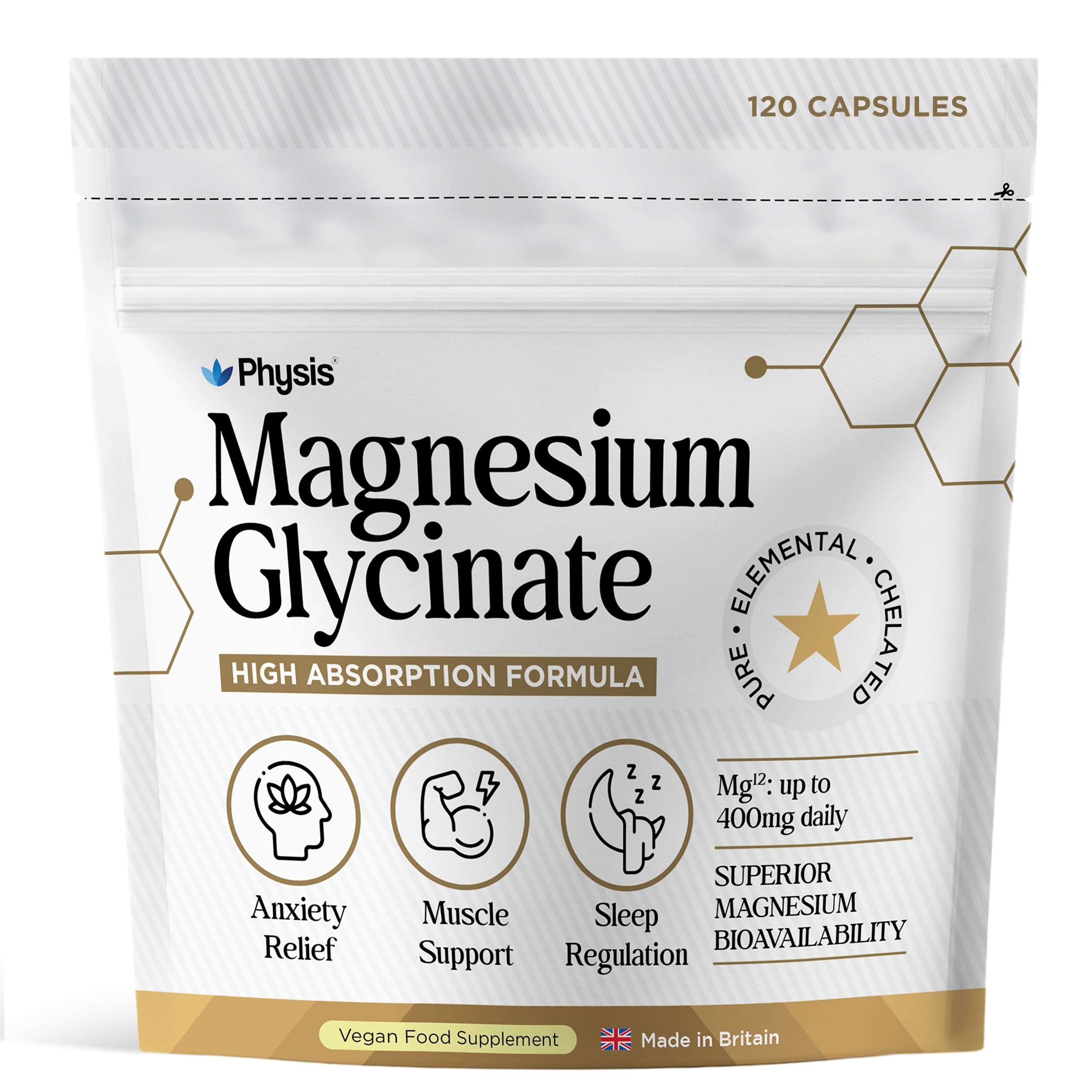 Physis Magnesium Glycinate 400mg Daily | High Absorption Vegan Capsules for Sleep, Mood & Muscle Support | Non-Laxative, Natural Mineral | Relaxation, Stress & Anxiety Relief | 120 x Chelated Capsules