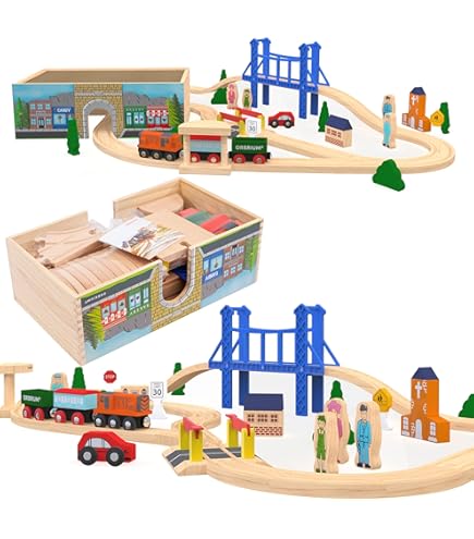 Train Set ORBRUM 52 Pcs Deluxe Wooden Tran Set Wth Wooden Storage